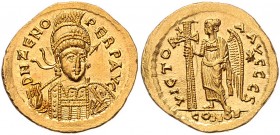 Zeno 474-475/476-491
Römische Münzen, Römisches Kaiserreich. Solidus, 476-491 n. Chr.. Av.: D N ZENO - PERP AVG, Büste mit Helm, Perlendiadem, Brustpa...