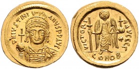 Iustinianus I. 527 - 565
Byzantinische Münzen, Byzanz. Solidus, 537-542 n. Chr.. Av.: Büste mit Helm, Perlendiadem, Brustpanzer, Kreuzglobus und Schil...