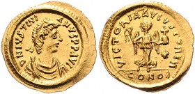 Iustinianus I. 527 - 565
Byzantinische Münzen, Byzanz. Tremissis, 527-565 n. Chr.. Av.: Büste mit Perlendiadem, Paludamentum und Brustpanzer n.r. Rv.:...
