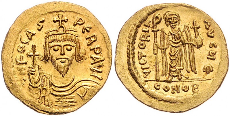 Phocas 602 - 610
Byzantinische Münzen, Byzanz. Solidus, 607-609 n. Chr.. Av.: Bü...
