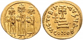 Heraclius 610 - 641
Byzantinische Münzen, Byzanz. Solidus, 640-641 n. Chr.. Av.: Heraclius zwischen Heraclonas und Heraclius Constantinus nebeneinande...