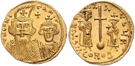Constans II. 641 - 668
Byzantinische Münzen, Byzanz. Solidus, 659-662 n. Chr.. Av.: Büste des Constans II. mit Helm, Kreuzdiadem und Chlamys sowie Büs...