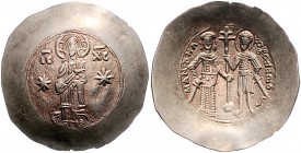 Manuel I. Komnenos 1143 - 1180
Byzantinische Münzen, Byzanz. EL Aspron Trachy /Scyphat), 1160-1164 n. Chr.. Av.: Christus im Benediktionsgestus mit Ev...