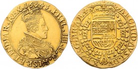 Philipp IV. 1621 - 1665
Belgien. Doppelter Souverain d'or, 1643. Gekröntes Brustbild rechts, darüber Münzzeichen Hand // Bekröntes Wappen, umgeben von...