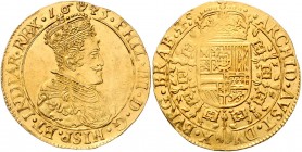 Philipp IV. 1621 - 1665
Belgien. Doppelter Souverain d'or, 1645. Gekröntes Brustbild rechts, darüber Münzzeichen Hand // Bekröntes Wappen, umgeben von...