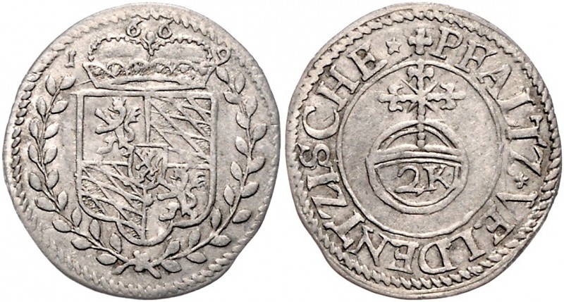 Halbbatzen zu 2 Kreuzer, 1669
Münzen Altdeutschland, Pfalz - Veldenz. gekröntes ...