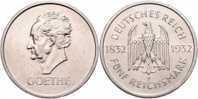 5 Mark, 1932 F
Deutschland, Weimarer Republik. auf den 100. Todestag von Johann Wolfgang von Goethe. Entwurf Rudolf Bosselt nach einer Kreidezeichnung...