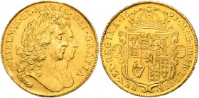 William and Mary 1688 - 1694
Großbritannien. 5 Guineas, 1693. QVINTO. GVLIELMVS. ET. MARIA. DEI. GRATIA. Conjoined busts right // MAG. BR. FR. ET. HIB...