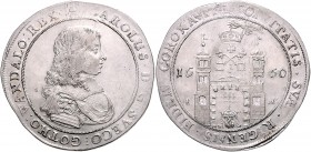 Karl XI. von Schweden 1660 - 1697
Schweden. Taler, 1660. Brustbild nach rechts. Rv. Torburg mit den gekreuzten Schlüsseln, darüber hält eine Hand aus ...