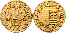 Johannes Hunyadi 1446 - 1452
Ungarn. Goldgulden, o.J.. Kammergraf Christophorus und Antonius Czathy). + IOhAnES D. h. W. R. VnGARIE. GV. Quadrierter S...