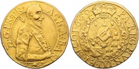 Achatius Barcsai 1659 - 1660
Ungarn, Siebenbürgen. 10 Dukaten, 1659. ACHA: BAR – D• G• PR• TR• Hüftbild mit geschultertem Zepter nach rechts, darunter...