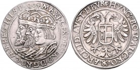 Rudolph II. 1576 - 1612
Taler, (15) 90. Münzmeister Paul Hofmann. + MAXI • CARO • E • FERD • D • G • RO • C • ÆS • REG • HISP • 90. Die gekrönten und ...