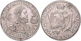 Rudolph II. 1576 - 1612
Taler, 1599 N-B. Brustbild rechts // Doppeladler.
Nagybanya
29,36g
MzA. Seite 85
kleiner Schrötlingsfehler im Rand
stgl