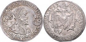 Rudolph II. 1576 - 1612
Taler, 1599 N-B. Brustbild rechts // Doppeladler.
Nagybanya
28,80g
MzA. Seite 85
Zainende
stgl