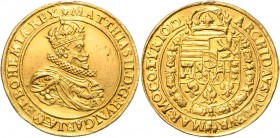 Matthias 1612 - 1619
10 Dukaten, 1612. Geharnischte, drapierte und belorbeerte Büste mit großem Mühlsteinkragen und Ordenskette vom Goldenen Vlies nac...