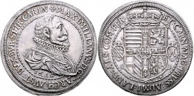Erzherzog Maximilian 1590 - 1618
2 Taler, 1614. Geharnischtes Brustbild nach rechts, darunter die Jahreszahl // Gekrönter Wappenschild.
Ensisheim
56,9...