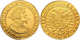 Ferdinand III. 1637 - 1657
10 Dukaten, 1645. FERDINANDVS • III • D G - R • I • S • AV . G • HV . BO • REX : Geharnischtes Brustbild r. mit Lorbeerkran...