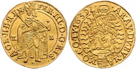 Ferdinand III. 1637 - 1657
Dukat, 1639 K-B. Stehender Kaiser nach rechts zwischen K - B // Madonna
Kremnitz
3,46g
Herinek 271a
vz/stgl