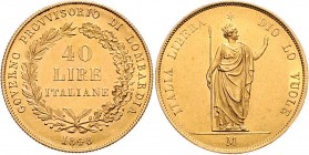Ferdinand I. 1835 - 1848
40 Lire, 1848 M. ITALIA LIBERA – DIO LO VUOLE, stehende Italia, Msz. // GOVERNO PROVVISORIO DI LOMBARDIA, Jahreszahl, Wertzah...