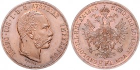 Franz Joseph I. 1848 - 1916
2 Gulden, 1866. FRANC.IOS.I.D.G.AVSTRIAE IMPERATOR, Kopf rechts, längerer Backenbart // HVNG.BOH.LOMB.ET VEN.-GAL.LOD.ILL....