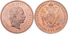 Franz Joseph I. 1848 - 1916
2 Gulden, 1866 A. FRANC.IOS.I.D.G.AVSTRIAE IMPERATOR, Kopf rechts, längerer Backenbart, Msz. // HVNG.BOH.LOMB.ET VEN.-GAL....