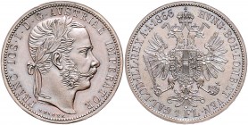 Franz Joseph I. 1848 - 1916
Gulden, 1866. FRANC.IOS.I.D.G.AVSTRIAE IMPERATOR, Kopf rechts, längerer Backenbart // HVNG.BOH.LOMB.ET.VEN.-GAL.LOD.ILL.RE...