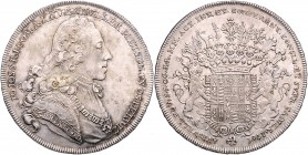 Johann Josef 1742 - 1776
Khevenhüller Metsch. Taler, 1761. Brustbild rechts / 7fach behelmtes Wappen, getragen von zwei behelmten Löwen.
Wien
28,12g
H...