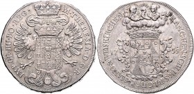 Franz Heinrich 1740 - 1766
Schlick. Taler, 1759. Wappen in gekrönter Wappenkartusche, zu den Seiten die geteilte Jahreszahl, darüber in Wolken die hei...