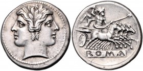 Anonym
Römische Münzen, Römische Republik. Didrachme/Quadrigatus, 225-212 v. Chr.. Av.: Doppelkopf der Dioskuren mit Lorbeerkranz. Rv.: ROMA (im Absch...