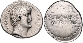 M. Antonius
Römische Münzen, Römische Republik. Denarius, Sommer 32 v. Chr.. Av.: ANTON AVG IMP III COS DES III IIIV R P C, Kopf n.r. Rv.: M SILANVS A...