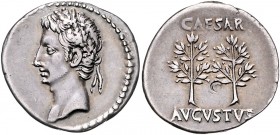 Augustus 27 v. - 14 n. Chr.
Römische Münzen, Römisches Kaiserreich. Denarius, 19-18 v. Chr.. Av.: Kopf mit Eichenkranz (Corona Civica) n.l. Rv.: CAESA...