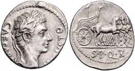 Augustus 27 v. - 14 n. Chr.
Römische Münzen, Römisches Kaiserreich. Denarius, 18 v. Chr.. Av.: CAESARI - AVGVSTO, Kopf mit Lorbeerkranz n.r. Rv.: S P ...