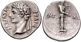 Augustus 27 v. - 14 n. Chr.
Römische Münzen, Römisches Kaiserreich. Denarius, 11-10 v. Chr.. Av.: AVGVSTVS - DIVI F, Kopf mit Lorbeerkranz n.l. Rv.: I...