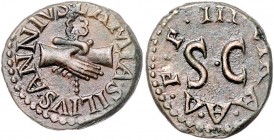Augustus 27 v. - 14 n. Chr.
Römische Münzen, Römisches Kaiserreich. Quadrans, 9 v. Chr.. Münzmeister L. Aelius Lamia, P. Silius und Annius. Av.: LAMIA...