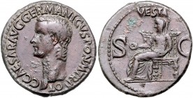 Caligula 37 - 41
Römische Münzen, Römisches Kaiserreich. As, 37-38 n. Chr.. Av.: C CAESAR AVG GERMANICVS PON M TR POT, Kopf n.l. Rv.: VESTA / S - C (i...
