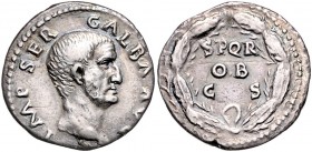 Galba 68 - 69
Römische Münzen, Römisches Kaiserreich. Denarius, Juli 68-Januar 69 n.Chr.. Av.: IMP SER GALBA AVG, Kopf n.r. Rv.: S P Q R / OB / C S, L...