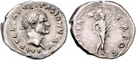Vespasianus 69 - 79
Römische Münzen, Römisches Kaiserreich. Denarius, Januar-Juni 70 n.Chr.. Av.: IMP CAESAR VESPASIANVS AVG, Kopf mit Lorbeerkranz n....