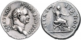 Vespasianus 69 - 79
Römische Münzen, Römisches Kaiserreich. Denarius, 73 n. Chr.. Av.: IMP CAES VESP - AVG CENS, Kopf mit Lorbeerkranz n.r. Rv.: PONTI...