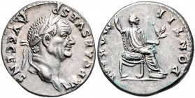 Vespasianus 69 - 79
Römische Münzen, Römisches Kaiserreich. Denarius, 73 n. Chr.. Av.: IMP CAES VESP AVG CENS, Kopf mit Lorbeerkranz n.r. Rv.: PONTIF ...