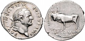 Vespasianus 69 - 79
Römische Münzen, Römisches Kaiserreich. Denarius, 77-78 n. Chr.. Av.: IMP CAESAR VESPASIANVS AVG, Kopf mit Lorbeerkranz n.r. Rv.: ...