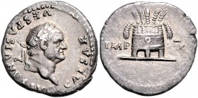 Vespasianus 69 - 79
Römische Münzen, Römisches Kaiserreich. Denarius, 77-78 n. Chr.. Av.: CAESAR VESPASIANVS AVG, Kopf mit Lorbeerkranz n.r. Rv.: IMP ...