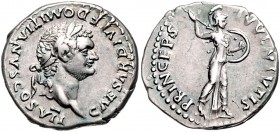 Domitianus als Caesar 69 - 81
Römische Münzen, Römisches Kaiserreich. Denarius, 80 n. Chr.. Av.: CAESAR DIVI F DOMITIANVS COS VII, Kopf mit Lorbeerkra...