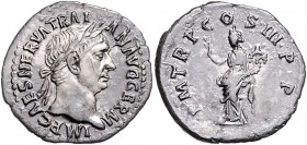 Traianus 98 - 117
Römische Münzen, Römisches Kaiserreich. Denarius, 100 n. Chr.. Av.: Kopf mit Lorbeerkranz n.r. Rv.: Pax mit Zweig und Cornucopiae v....
