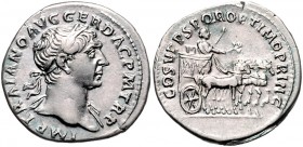 Traianus 98 - 117
Römische Münzen, Römisches Kaiserreich. Denarius, 107-108 n. Chr.. Büste mit Lorbeerkranz und leichter Drapierung an linker Schulter...
