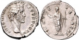 Antoninus Pius 138 - 161
Römische Münzen, Römisches Kaiserreich. Denarius, 140-143 n. Chr.. Av.: Kopf n.r. Rv.: Genius Senatus mit Stab und Szepter v....