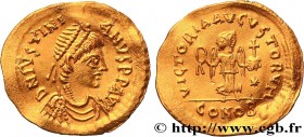 JUSTINIAN I
Type : Tremissis  
Date : 527-565 
Mint name / Town : Constantinople 
Metal : gold 
Millesimal fineness : 1000  ‰
Diameter : 14,5  mm
Orie...