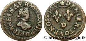 LOUIS XIII
Type : Denier tournois, type 3 
Date : 1617 
Mint name / Town : Lyon 
Metal : copper 
Diameter : 17  mm
Orientation dies : 12  h.
Weight : ...