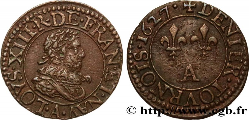 LOUIS XIII
Type : Denier tournois, type 4 
Date : 1627 
Mint name / Town : Paris...