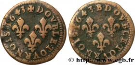 LOUIS XIII
Type : Double tournois à la vieille tête, type de Warin, avec deux revers (perruque) 
Date : 1643 
Mint name / Town : Pont-de-l’Arche 
Meta...