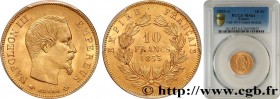 SECOND EMPIRE
Type : 10 francs or Napoléon III, tête nue, grand module 
Date : 1855 
Mint name / Town : Paris 
Quantity minted : 5175451 
Metal : gold...